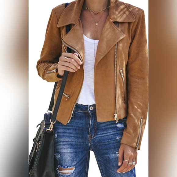 BROWN Faux Suede Moto Biker Short Coat Jacket - Picture 2 of 4